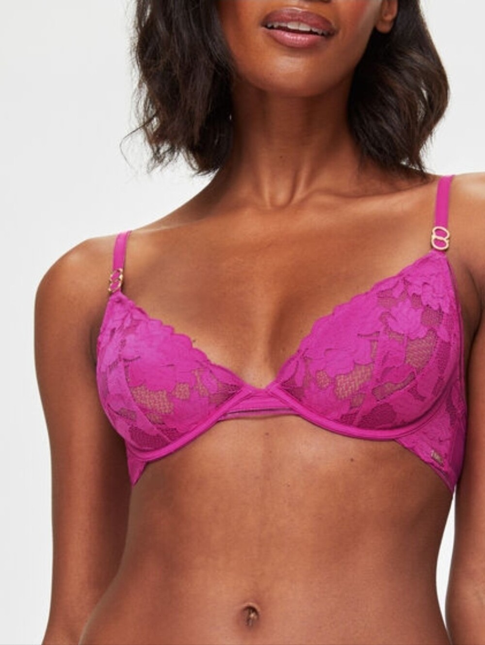 KBX Dolly Non Pad Plunge Bra Mid Pink 32B Lace Sheer Gold Hardware Fuschia